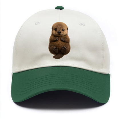 Baby Sea Otter - brown fluffy, floating on back, tiny paws, bright eyes, - Two Tone Cap - Green