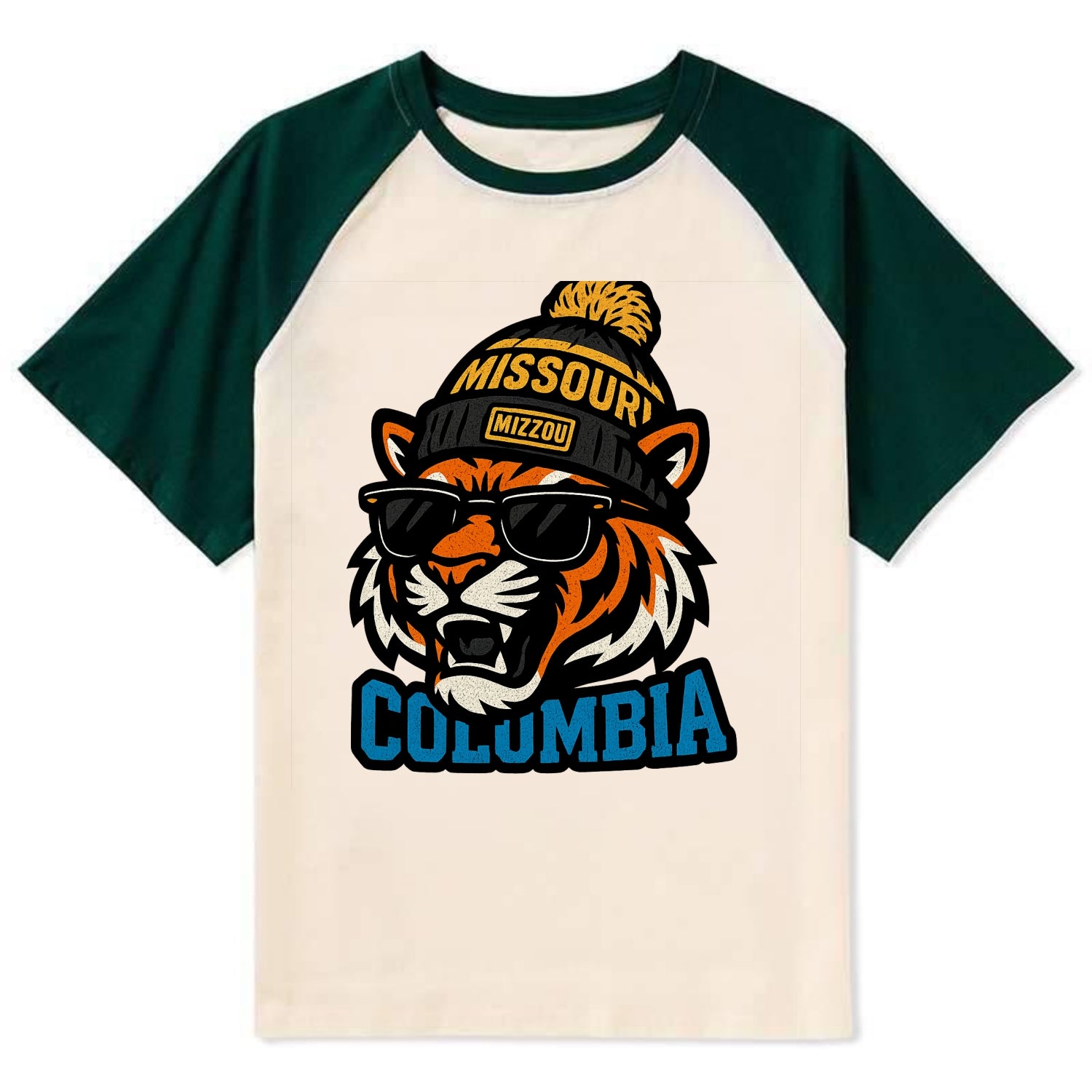 Columbia Tiger wearing Missouri beanie with Mizzou patch - Contrast Raglan T-shirt - Green