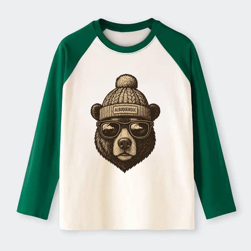 New Mexico Black Bear wearing Albuquerque beanie with pom pom and - Raglan Long Sleeve T-Shirt
