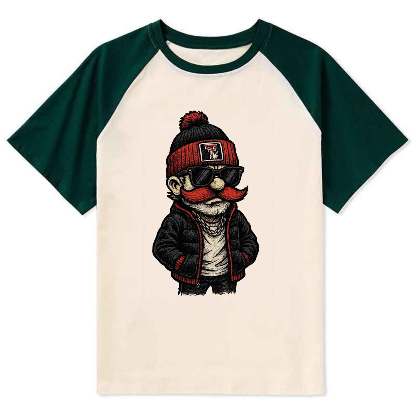 Lubbock Raider wearing Texas Tech beanie with guns up patch - Contrast Raglan T-shirt - Green