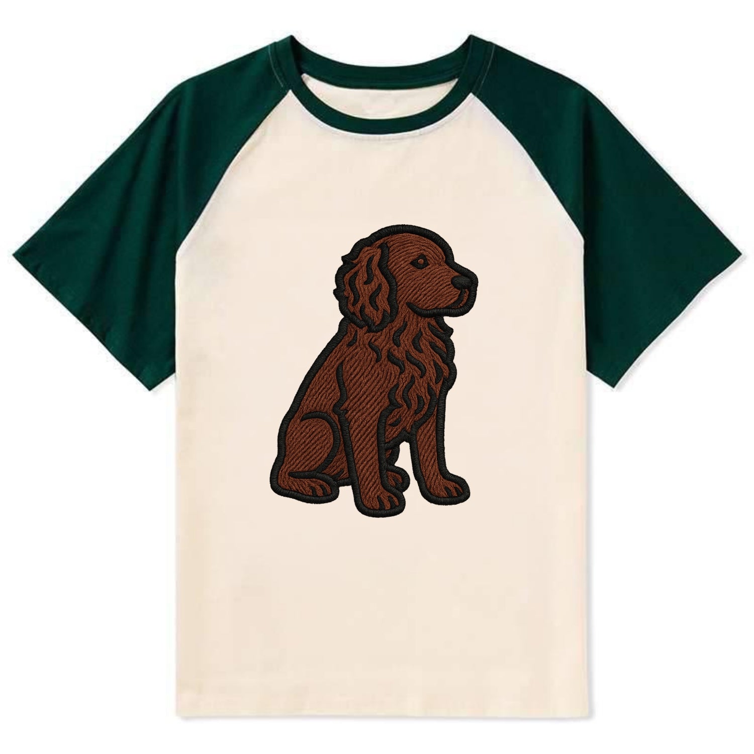 Boykin Spaniel - Rich chocolate brown wavy coat embroidered sitting pose - Contrast Raglan T-shirt - Green