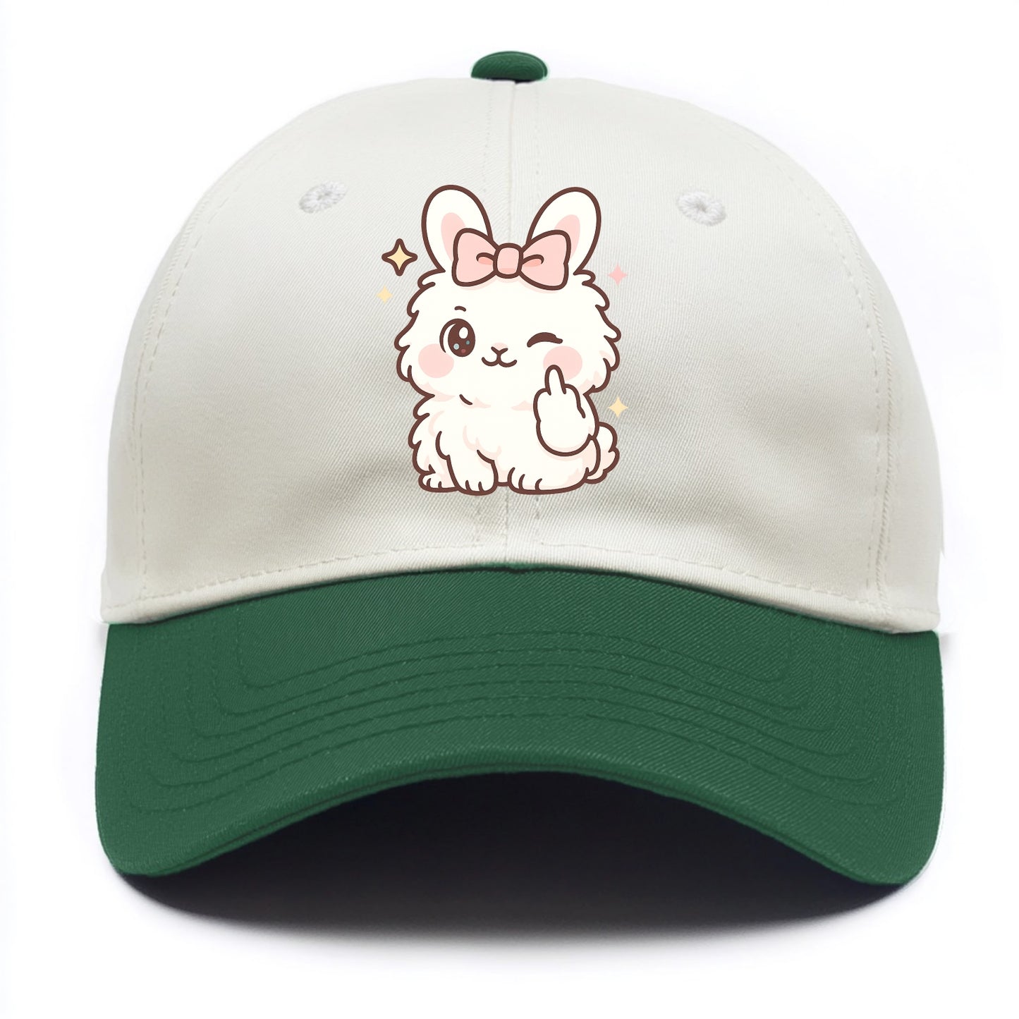 fluffy white angora rabbit with pink bow, one paw delicately flipping off - Two Tone Cap - Green