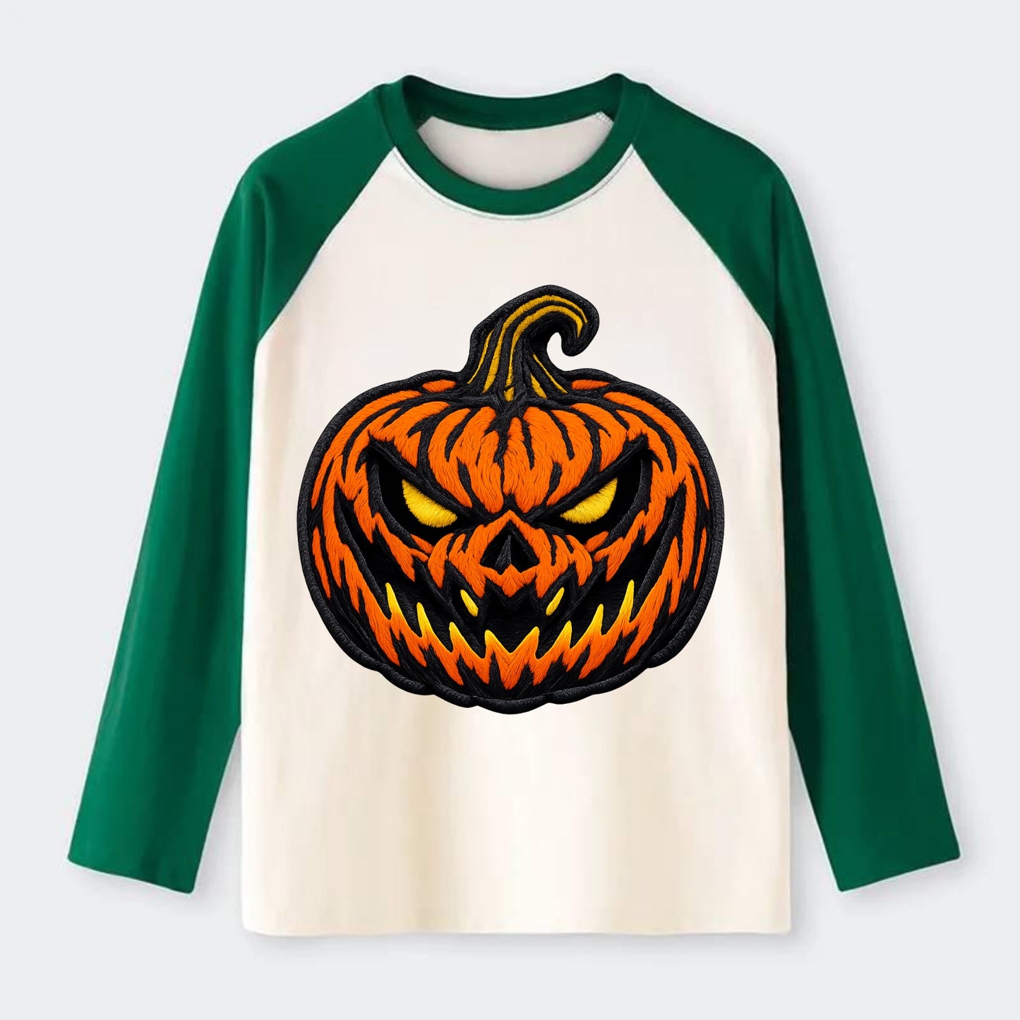 HALLOWEEN PUMPKIN - jack o lantern in orange and black , spooky - Raglan Long Sleeve T-Shirt - Green