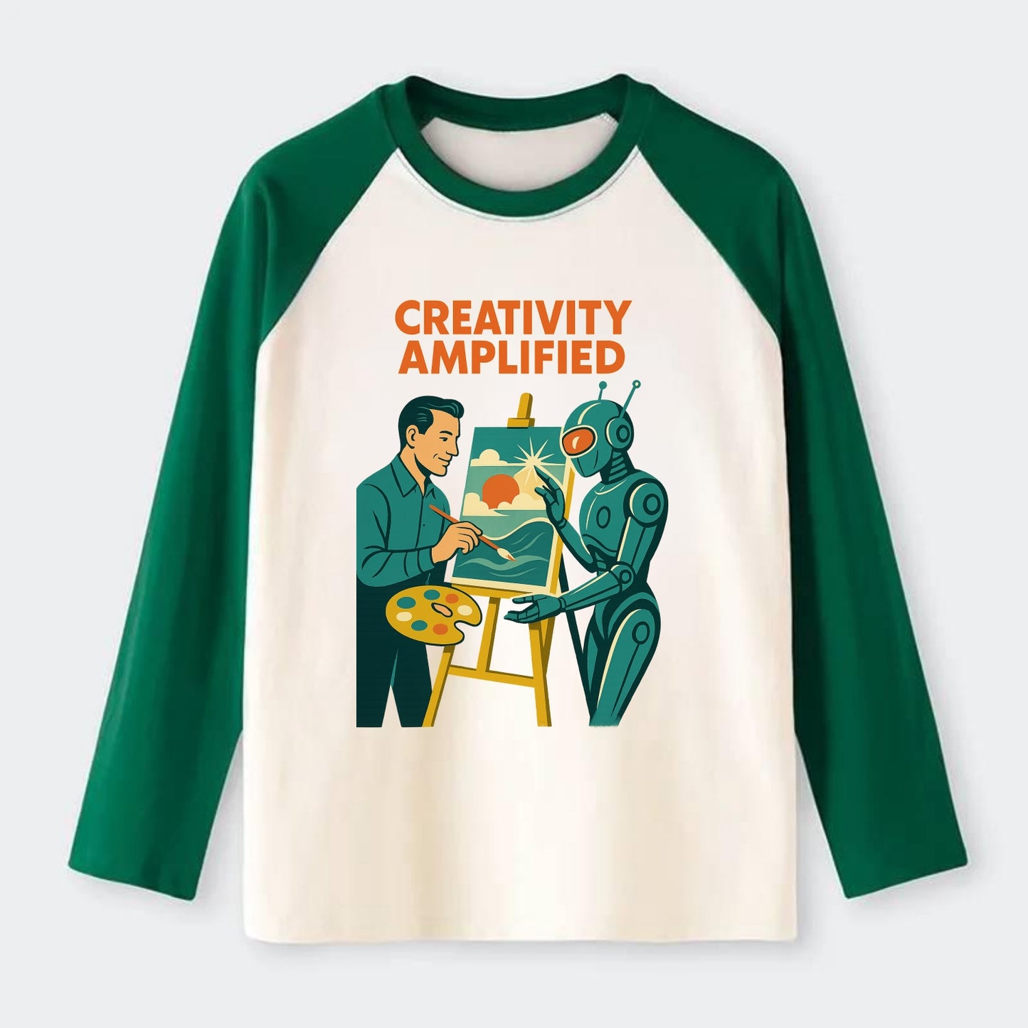 Artist and AI creating beautiful masterpiece together - "Creativity - Raglan Long Sleeve T-Shirt - Green