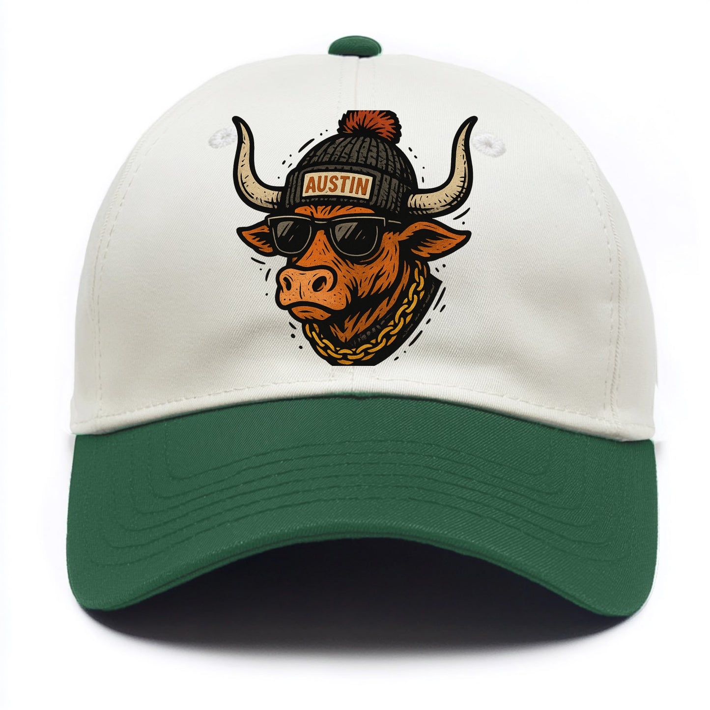 Texas Longhorn wearing Austin beanie with pom pom and wayfarer sunglasses - Two Tone Cap - Green