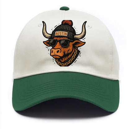 Texas Longhorn wearing Austin beanie with pom pom and wayfarer sunglasses - Two Tone Cap - Green