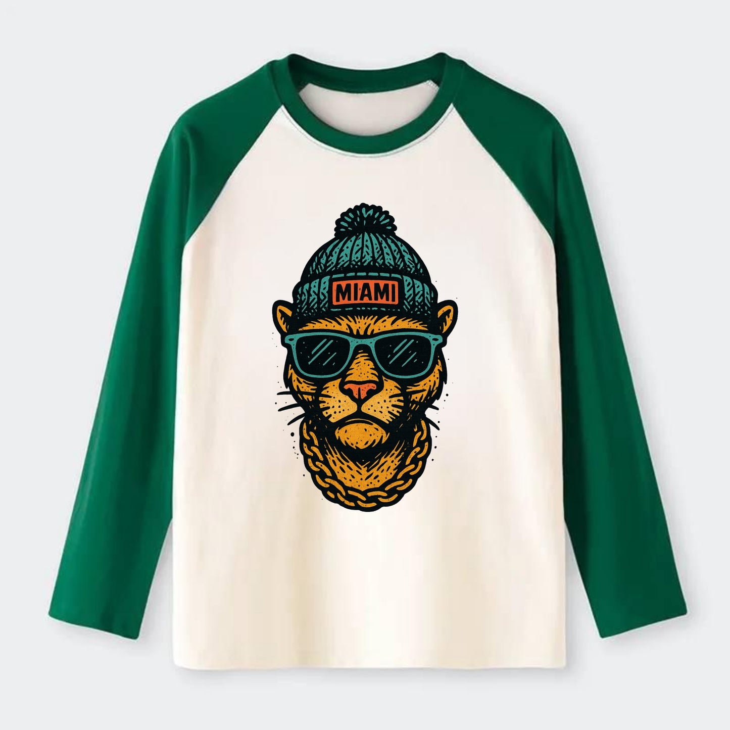 Florida Panther wearing Miami beanie with pom pom and wayfarer - Raglan Long Sleeve T-Shirt - Green