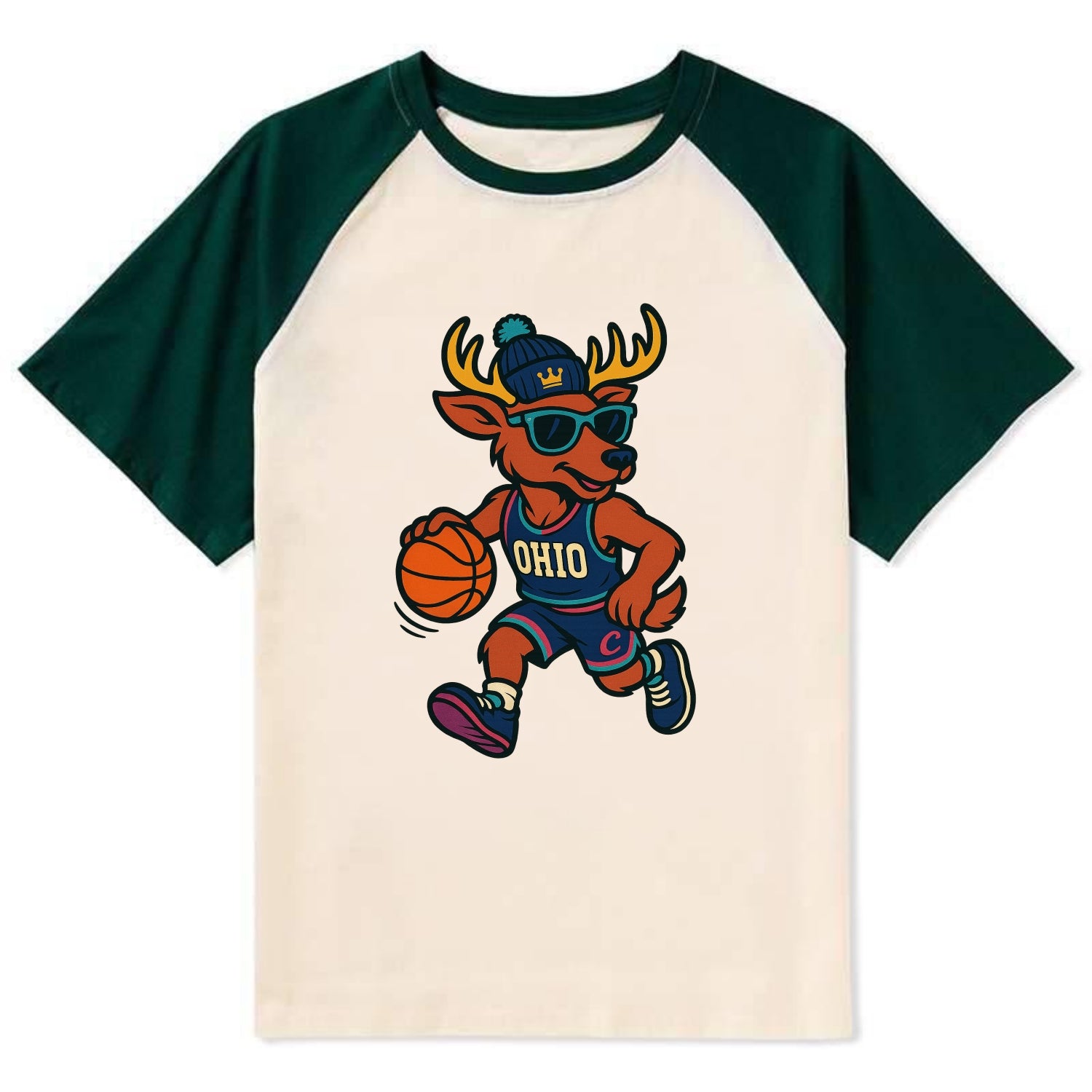 Ohio Deer wearing Cavs beanie with crown patch and wayfarer sunglasses - Contrast Raglan T-shirt - Green