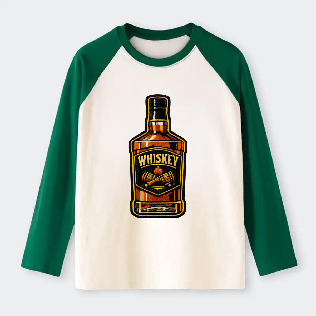 WHISKEY BOTTLE - bourbon bottle in amber and gold , spirits connoisseur - Raglan Long Sleeve T-Shirt - Green