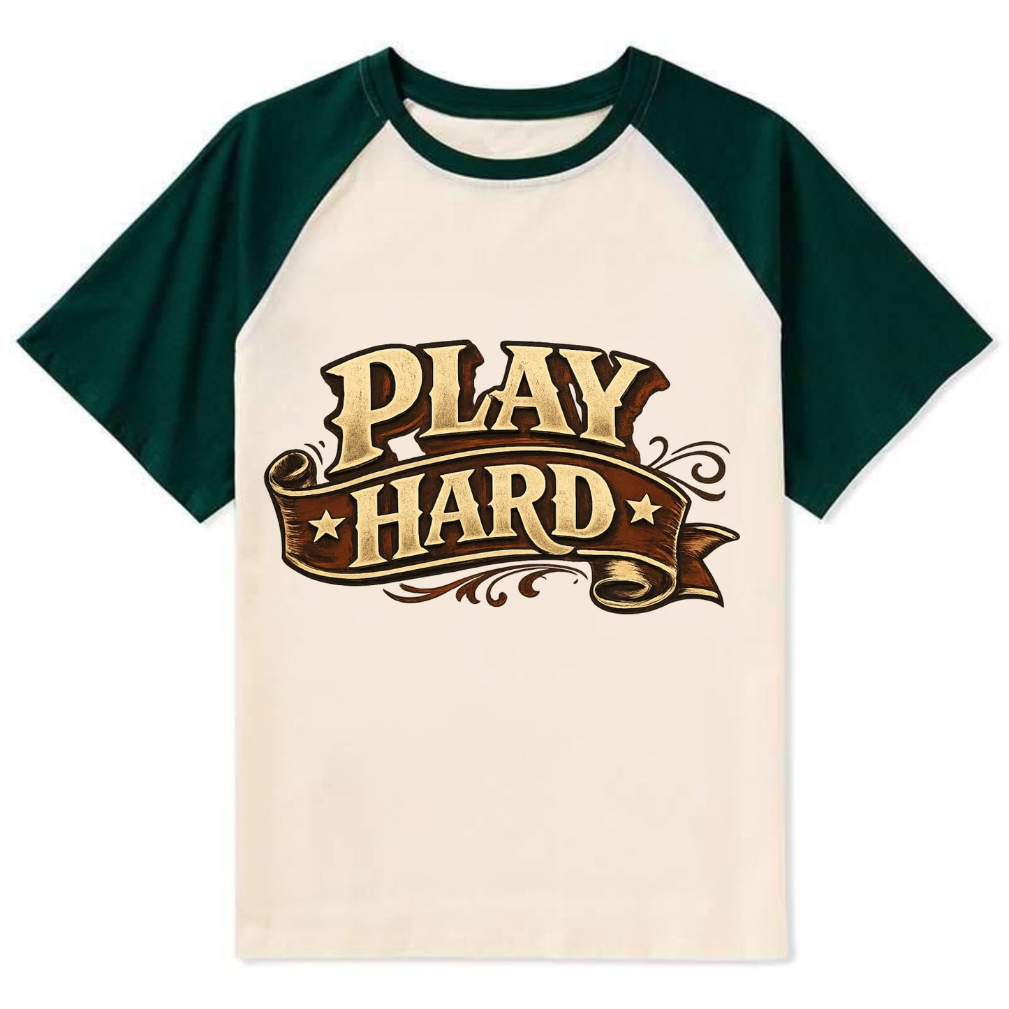 Bold typography design - "PLAY HARD" - giving your all, full effort - Contrast Raglan T-shirt - Green