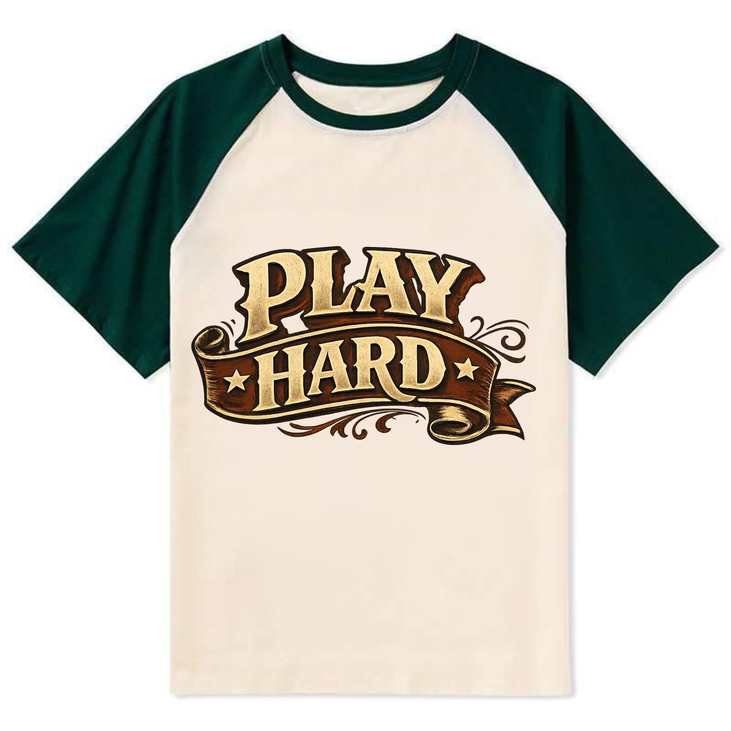 Bold typography design - "PLAY HARD" - giving your all, full effort - Contrast Raglan T-shirt - Green