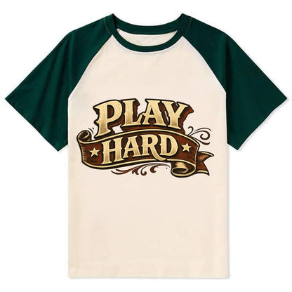 Bold typography design - "PLAY HARD" - giving your all, full effort - Contrast Raglan T-shirt - Green