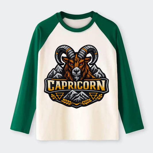 CAPRICORN GOAT - mountain goat in brown and gray , earth sign - Raglan Long Sleeve T-Shirt - Green
