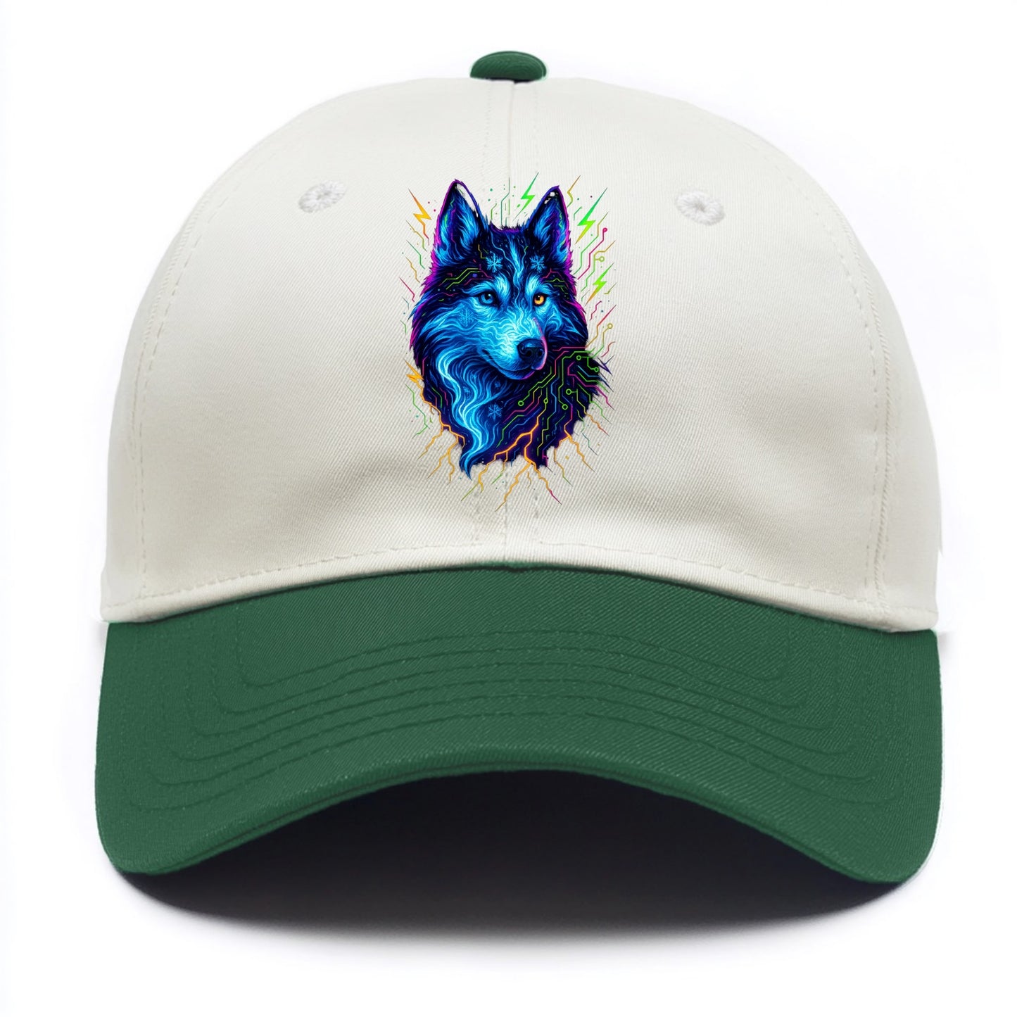 Siberian husky with ice-crystal flowing patterns, electric blue and white swirls, - Two Tone Cap - Green