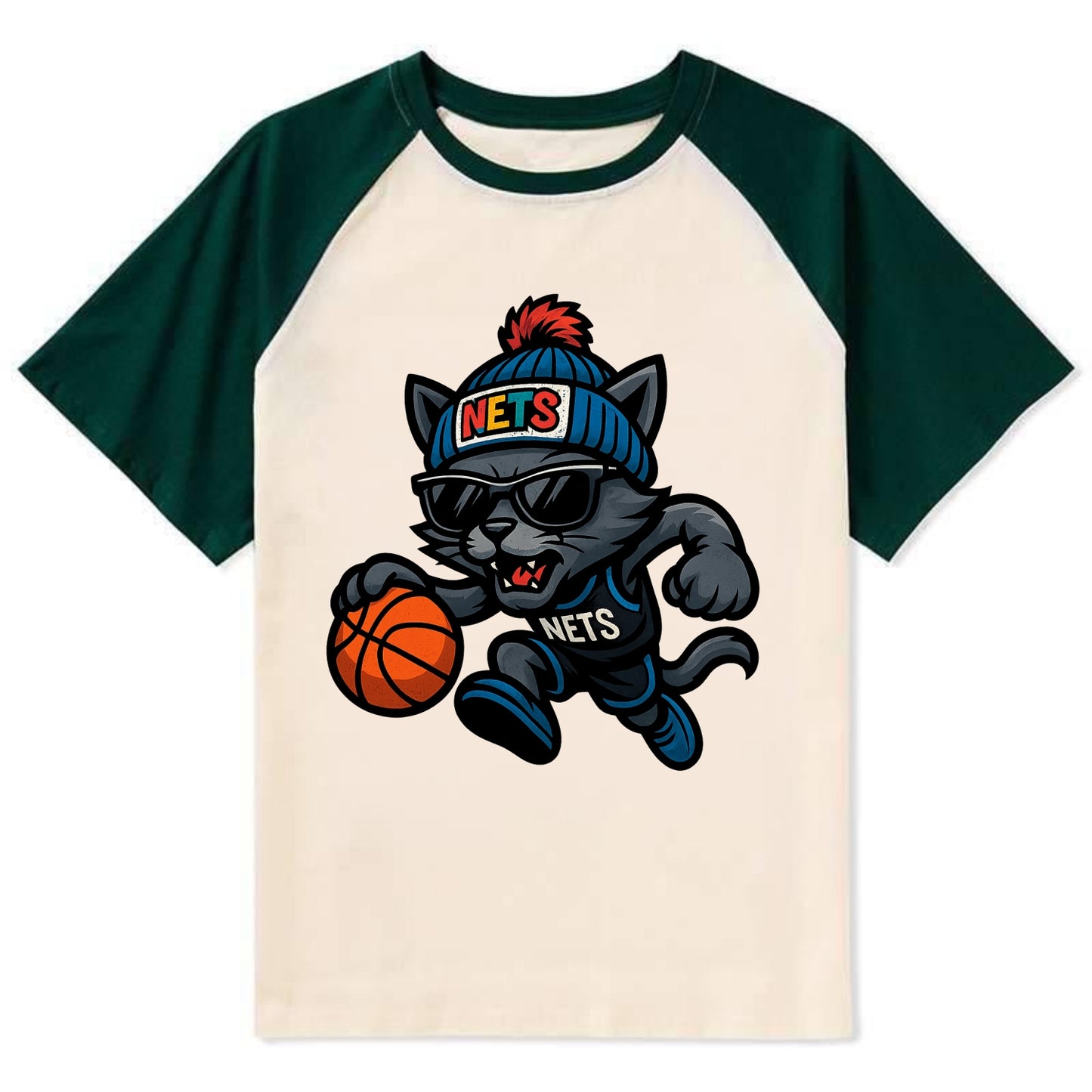Brooklyn Cat wearing Nets beanie with street art patch and wayfarer - Contrast Raglan T-shirt - Green