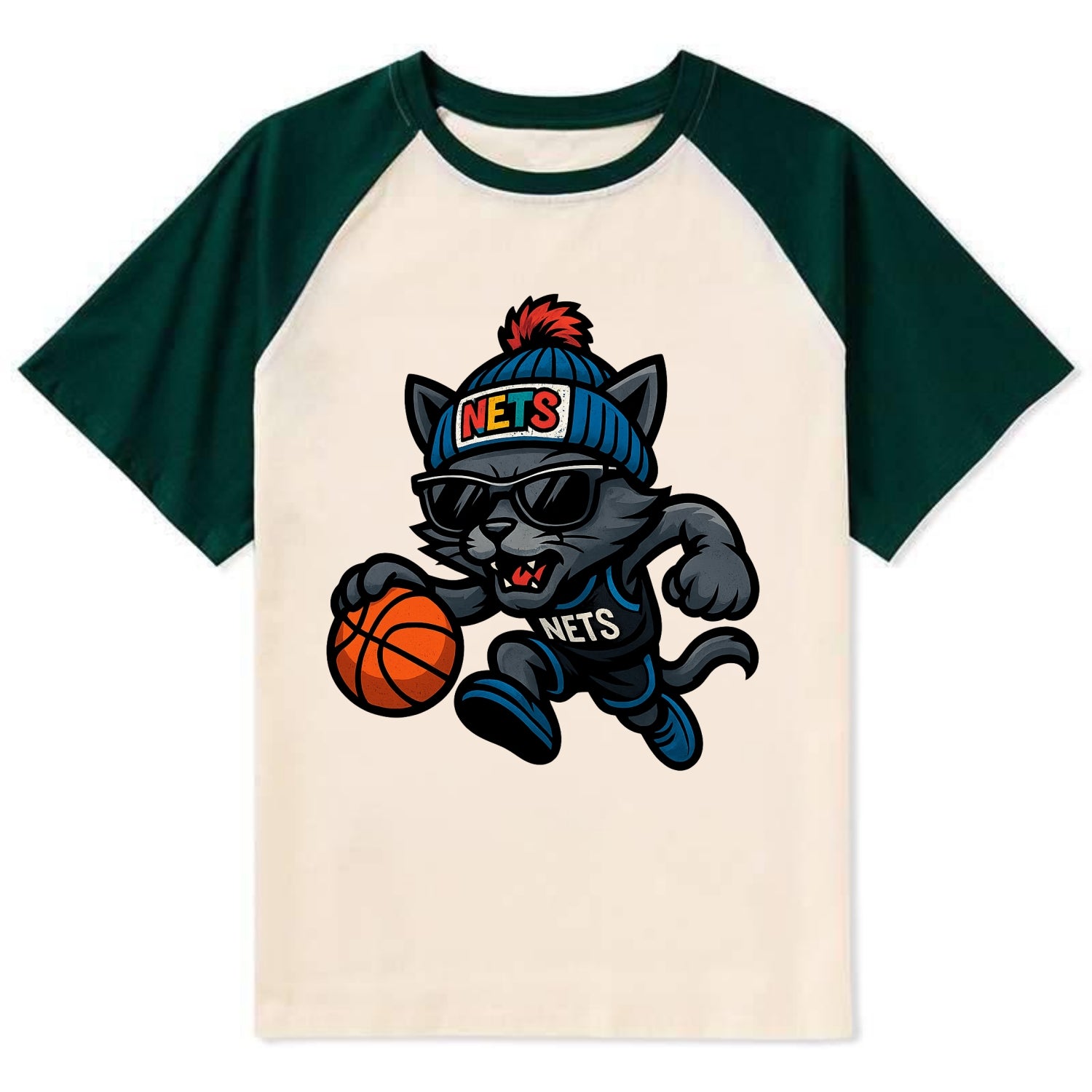 Brooklyn Cat wearing Nets beanie with street art patch and wayfarer - Contrast Raglan T-shirt - Green