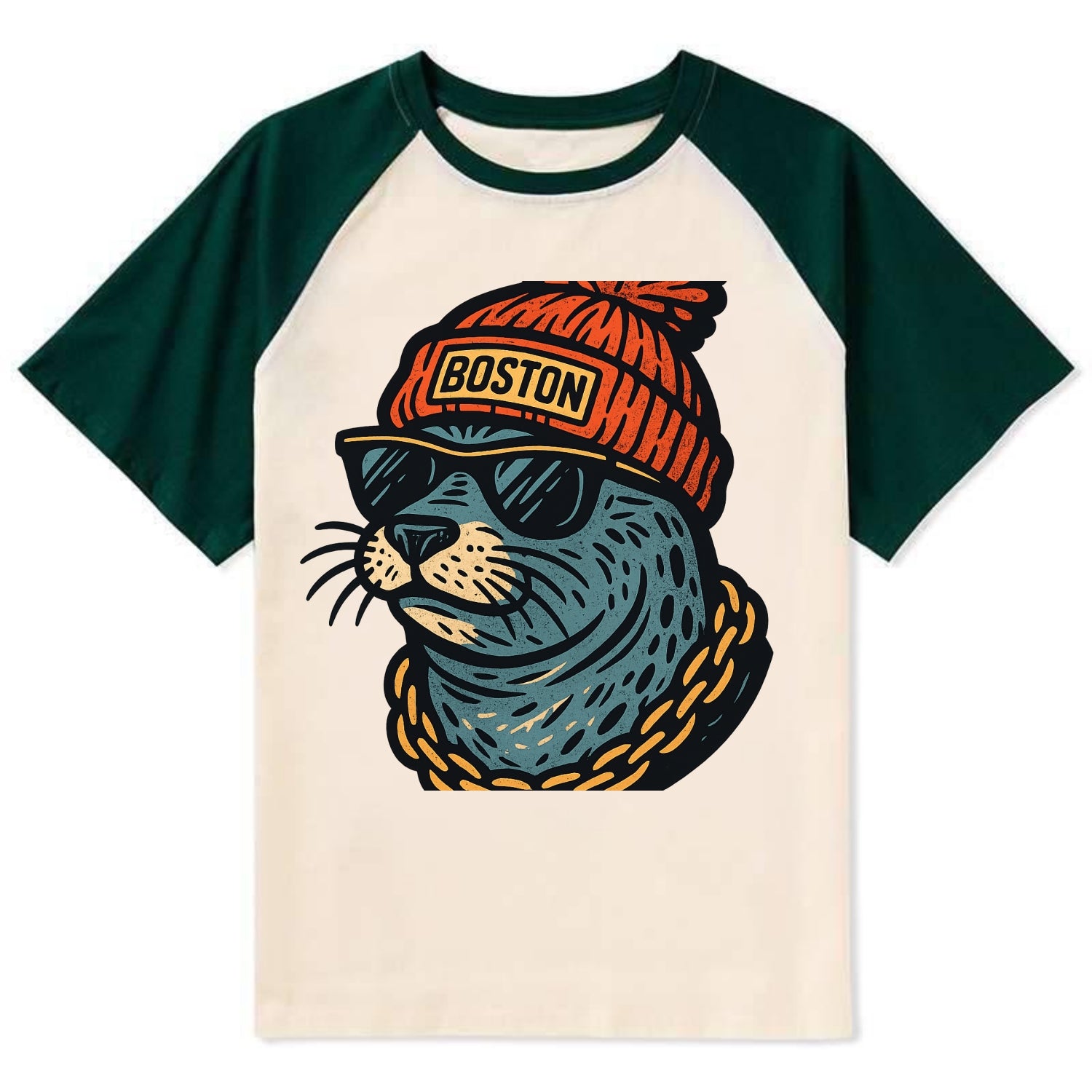 Boston Harbor Seal wearing Boston beanie with pom pom and wayfarer - Contrast Raglan T-shirt - Green
