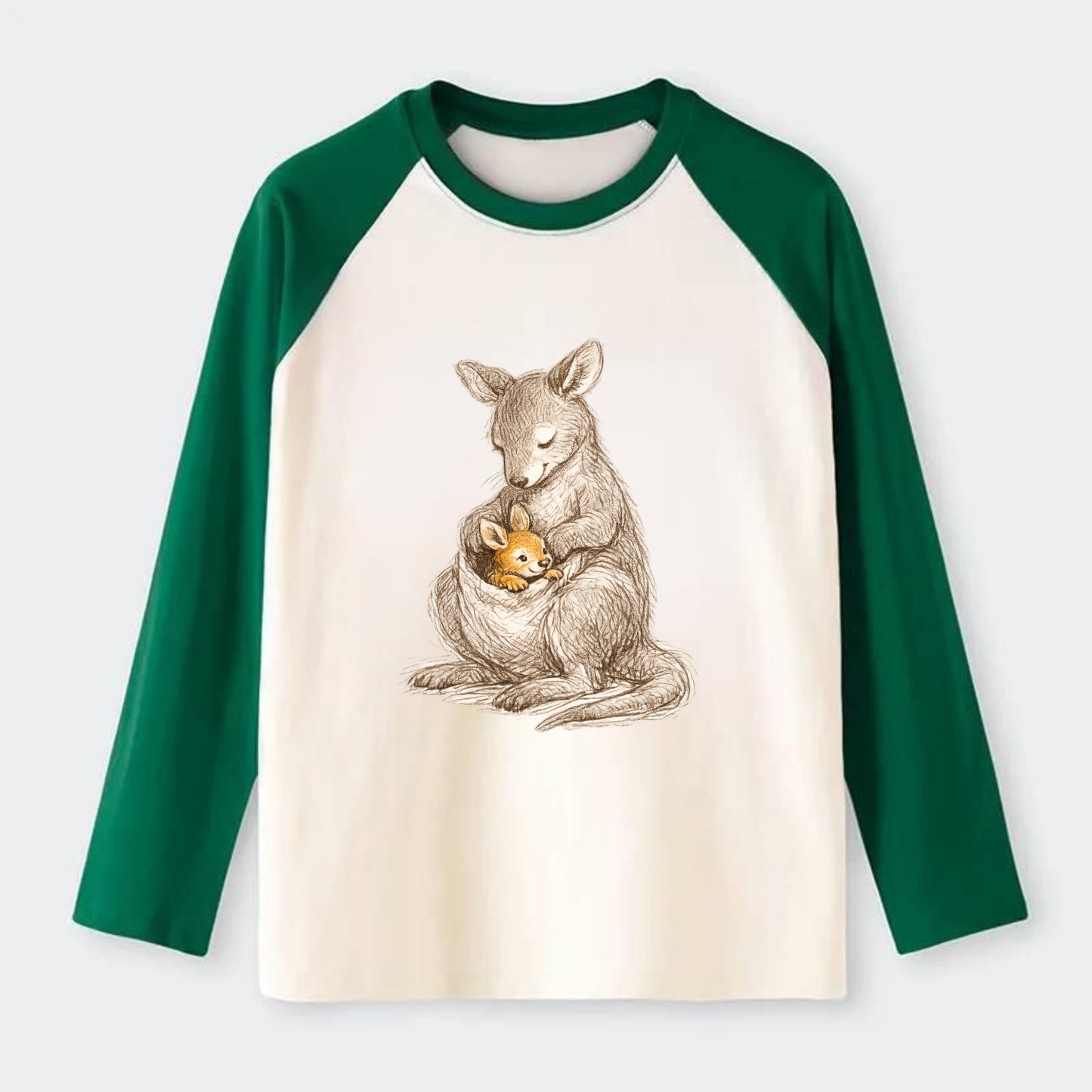 MOTHER'S POUCH | Kangaroo maternal embrace | Joey safe inside | - Raglan Long Sleeve T-Shirt - Green