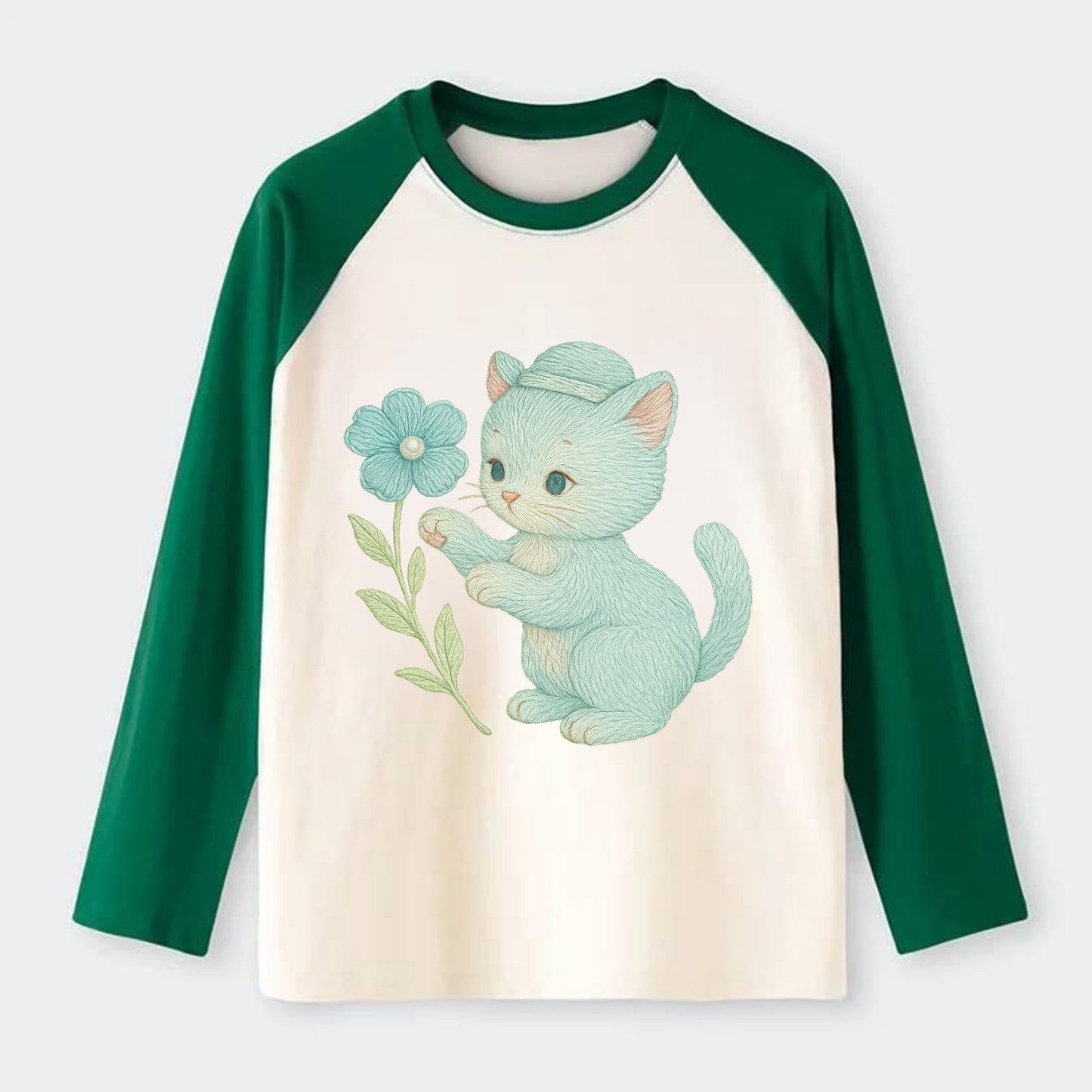 Aqua Kitten - Raglan Long Sleeve T-Shirt - Green