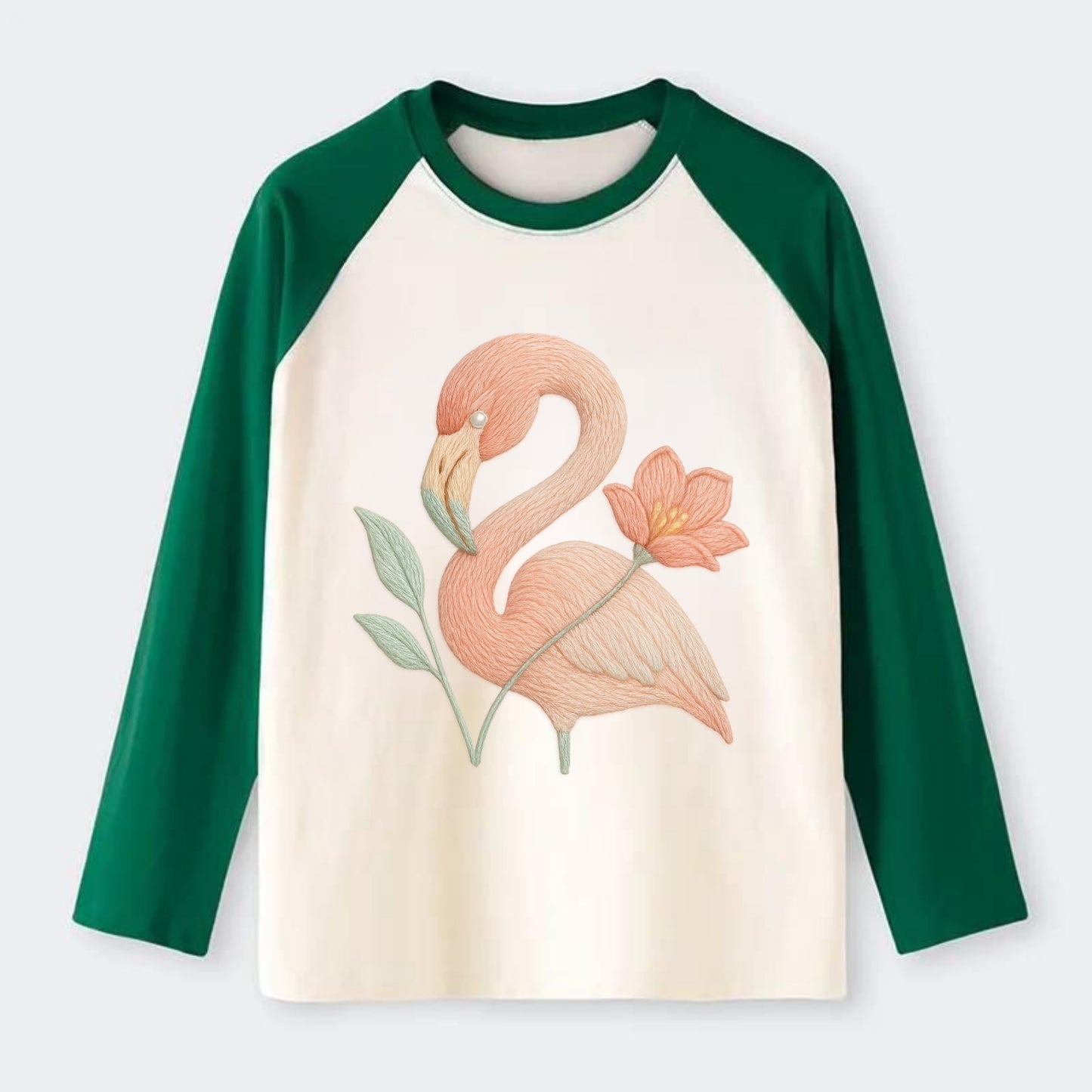 Peach Flamingo - Raglan Long Sleeve T-Shirt - Green