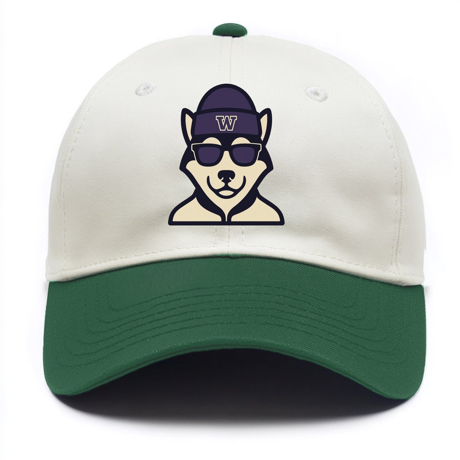 Seattle Husky wearing Washington beanie with W patch - Two Tone Cap - Green
