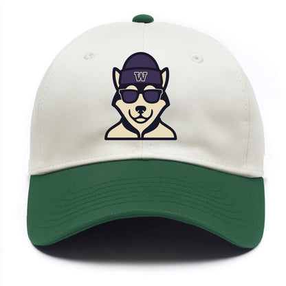 Seattle Husky wearing Washington beanie with W patch - Two Tone Cap - Green
