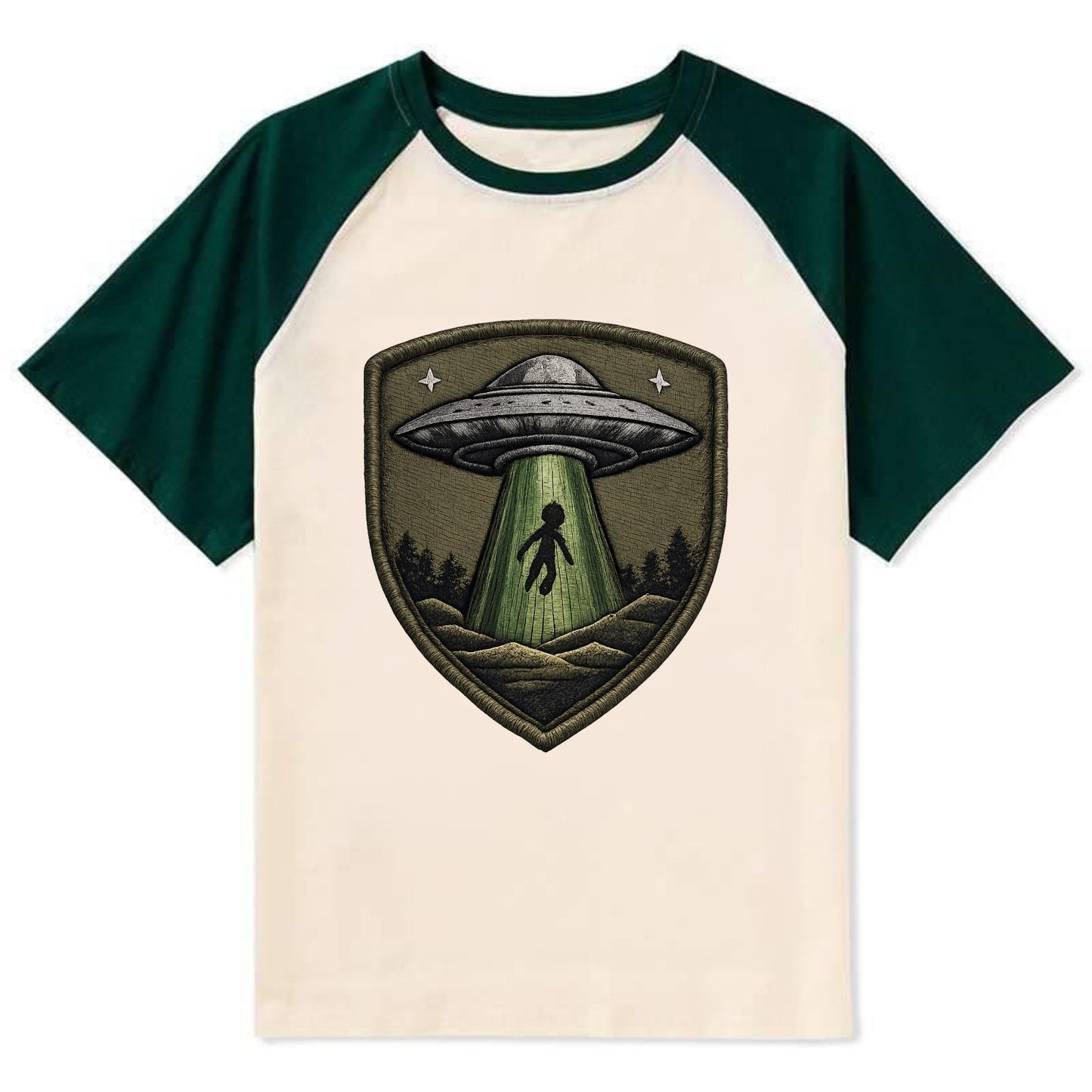UFO ALIEN - flying saucer with beam in silver and green , extraterrestrial - Contrast Raglan T-shirt - Green
