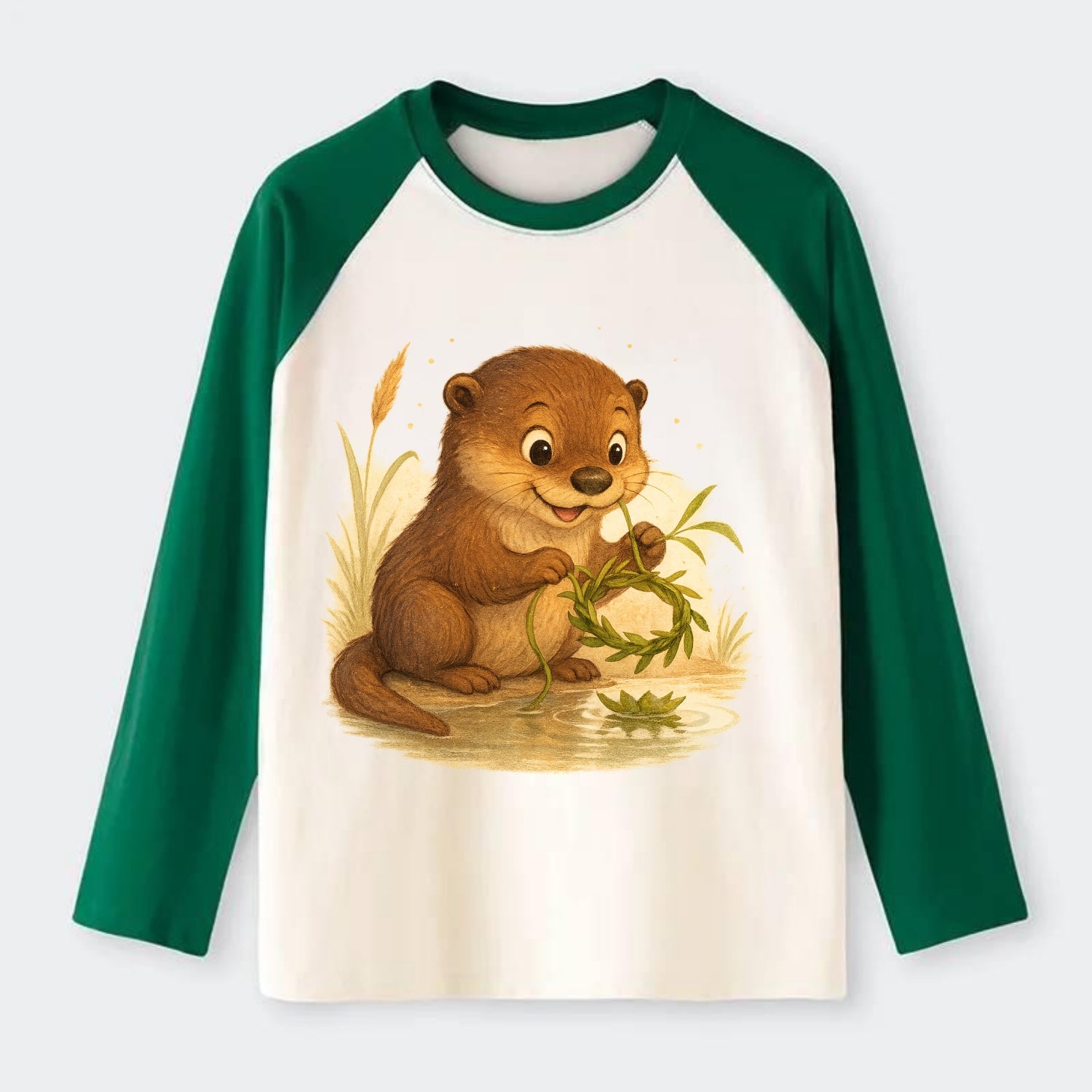 Otter weaving river reeds into a floating crown beside mirror-still - Raglan Long Sleeve T-Shirt - Green