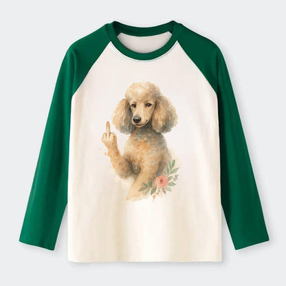Standard Poodle with curly styled coat, intelligent face, fancy paw - Raglan Long Sleeve T-Shirt - Green
