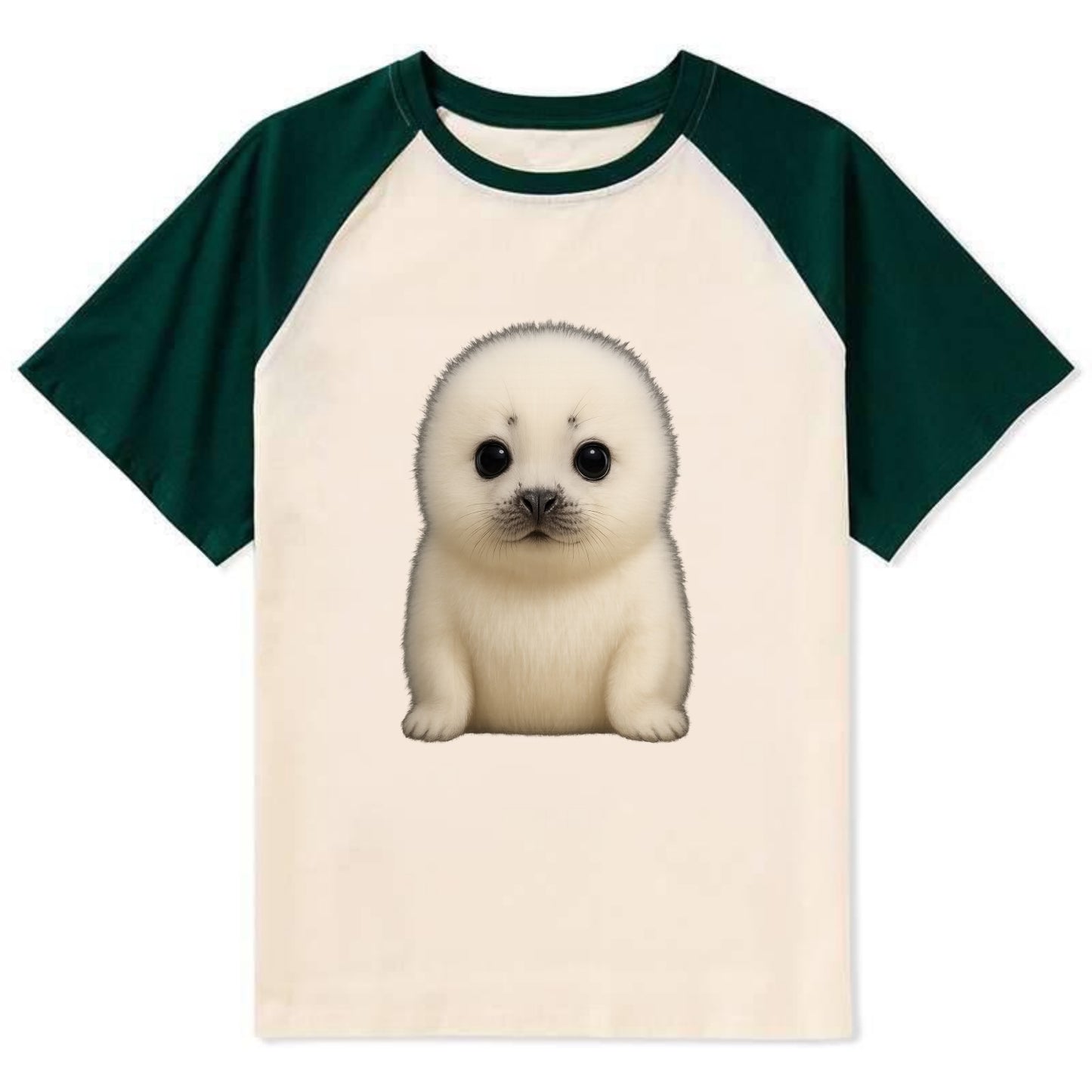 Baby Harp Seal - pure white fluffy fur, enormous dark eyes, front-facing, - Contrast Raglan T-shirt - Green