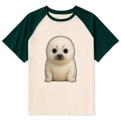 Baby Harp Seal - pure white fluffy fur, enormous dark eyes, front-facing, - Contrast Raglan T-shirt - Green
