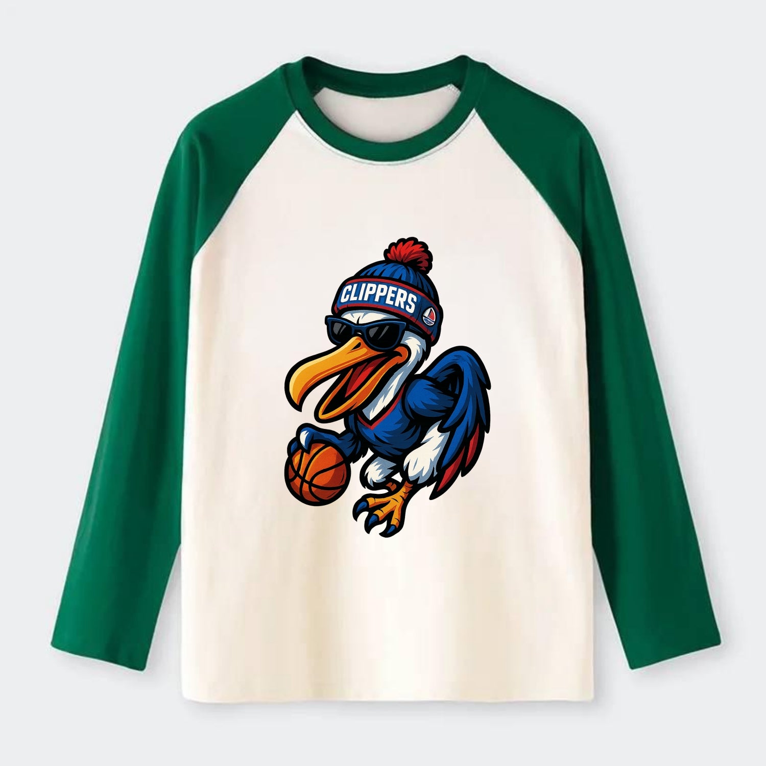 Los Angeles Pelican wearing Clippers beanie with sailboat patch and - Raglan Long Sleeve T-Shirt - Green