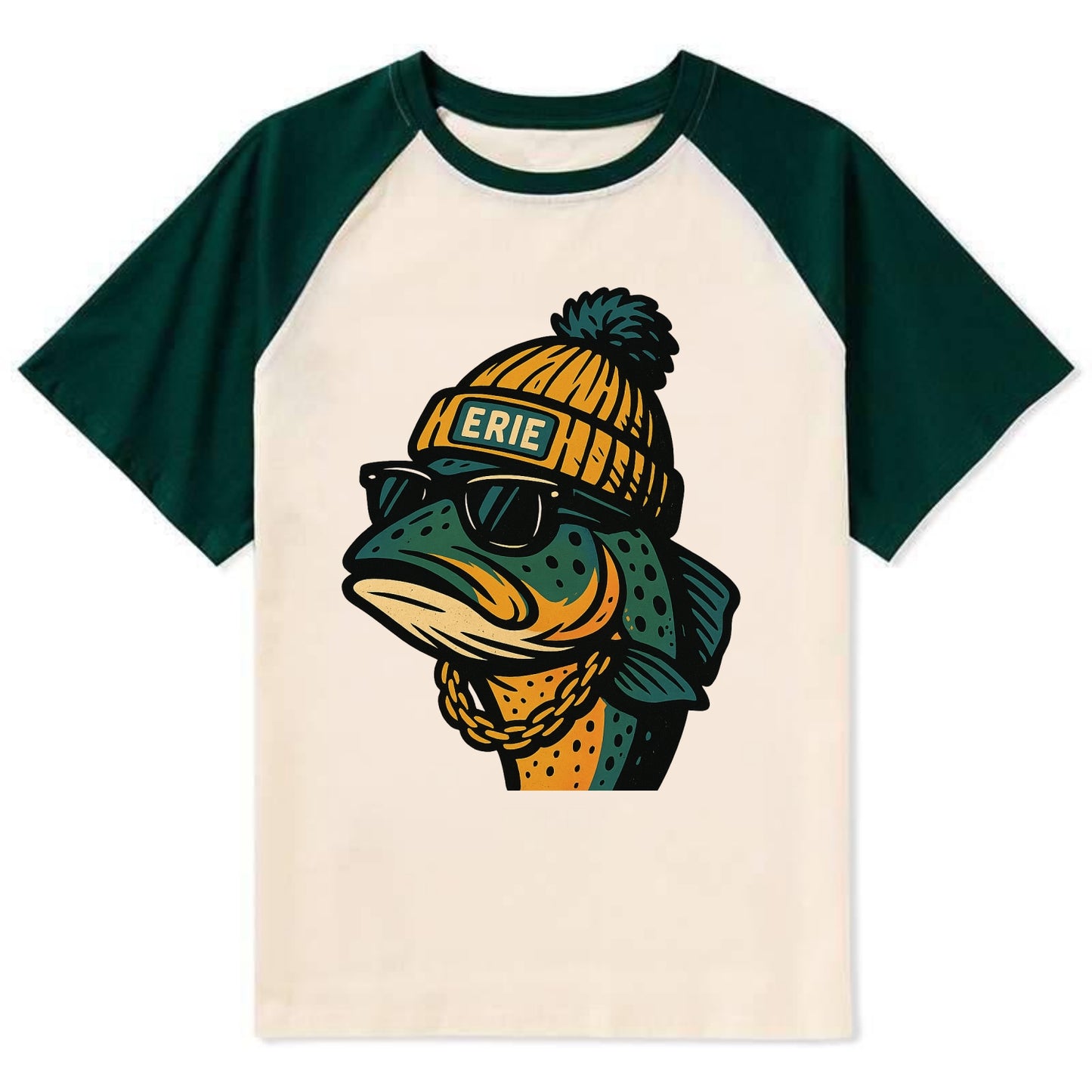Erie Lake Trout wearing Erie beanie with pom pom and wayfarer sunglasses - Contrast Raglan T-shirt - Green