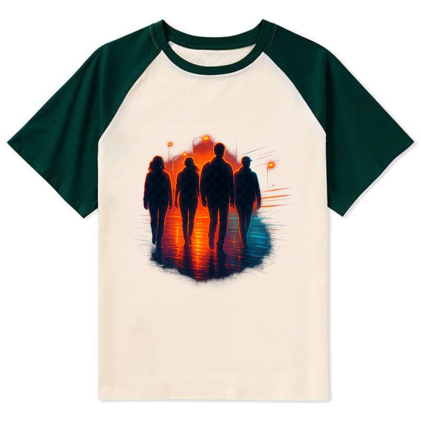 gang of silhouettes walking together at sunset by the beach - Contrast Raglan T-shirt - Green