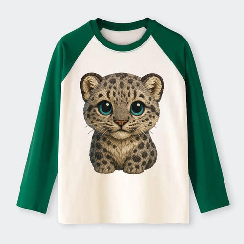 Baby Snow Leopard Cub - gray spotted, thick fur, blue-green eyes, - Raglan Long Sleeve T-Shirt