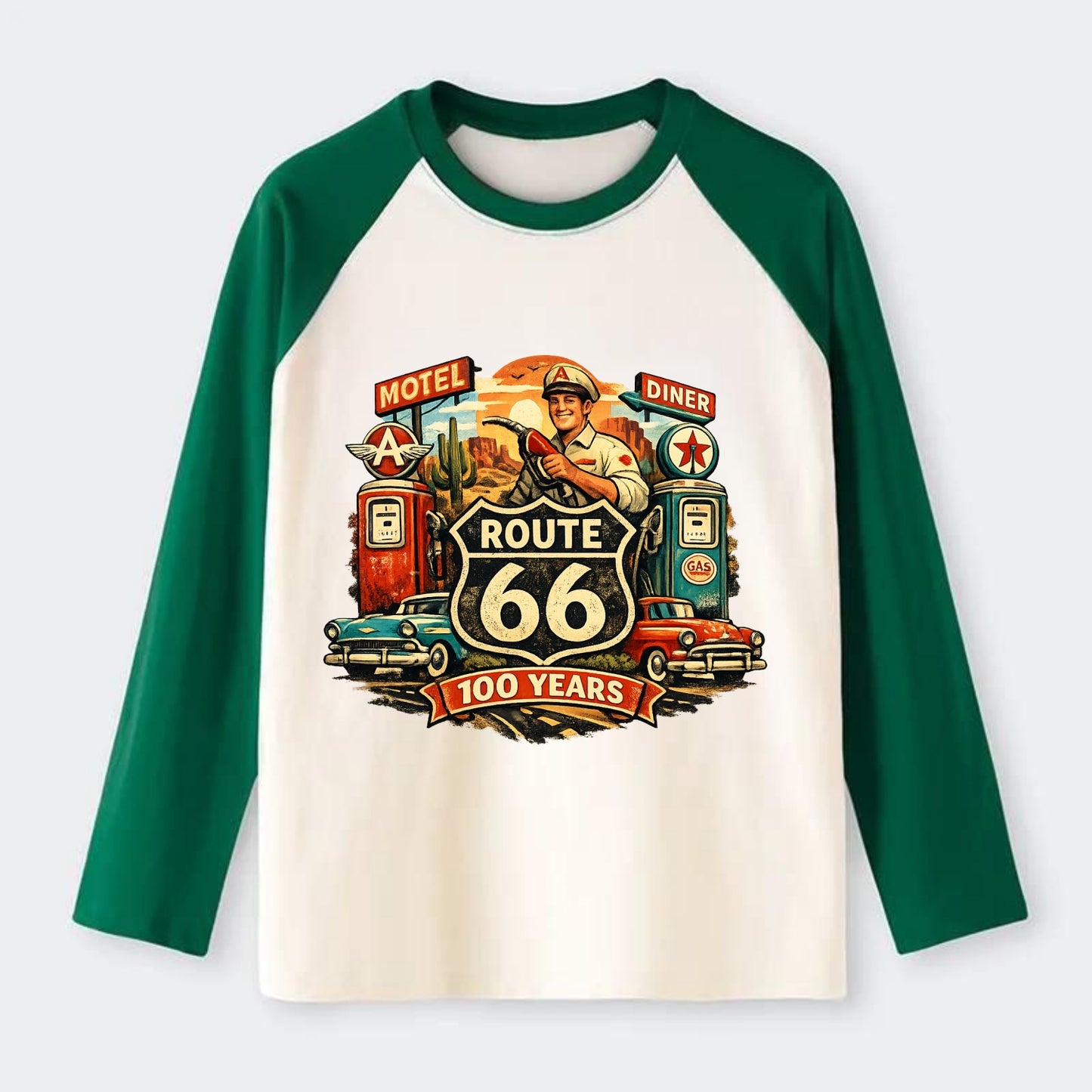 FILL ER UP | Vintage gas pumps | Flying A or Texaco style | Service - Raglan Long Sleeve T-Shirt - Green