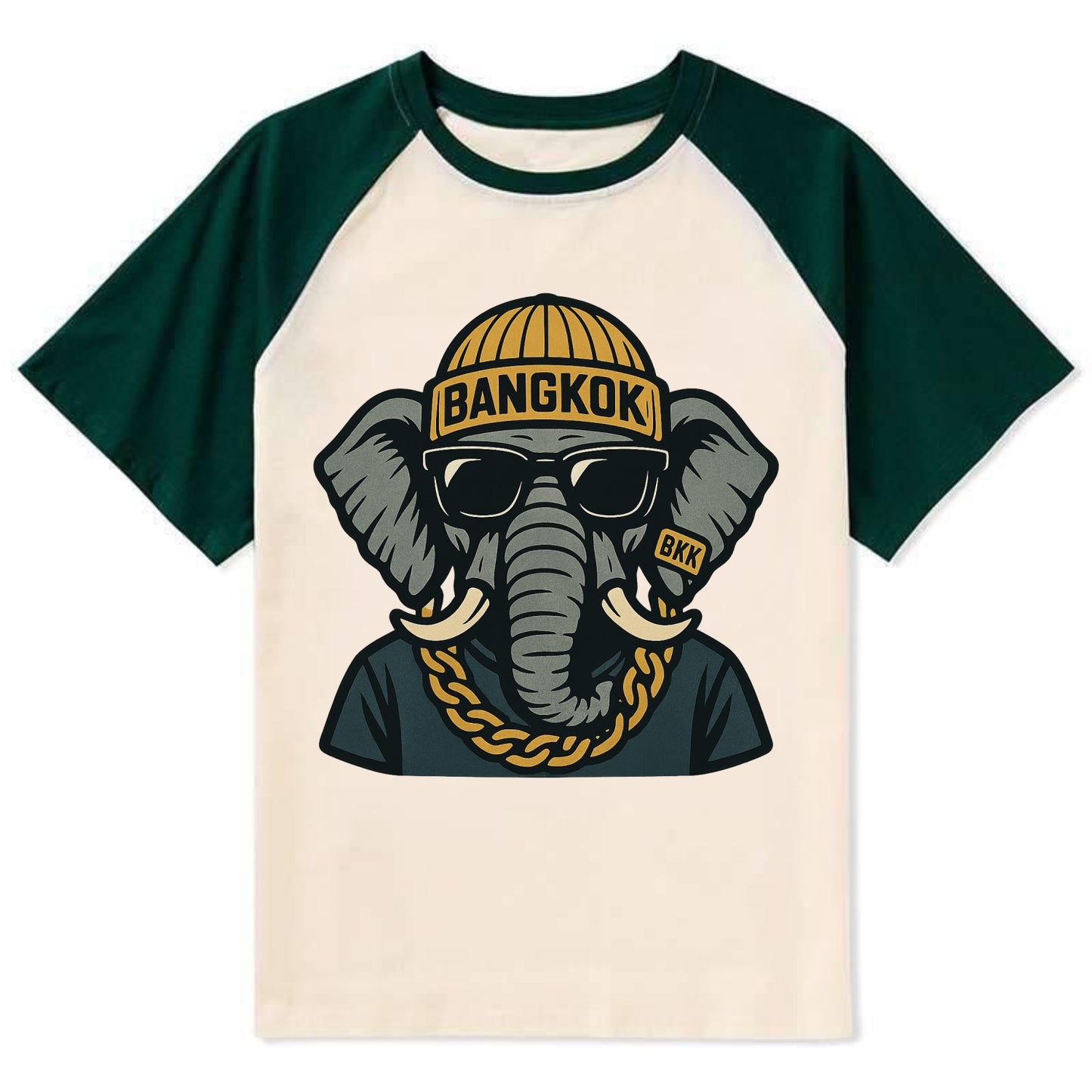 Bangkok Elephant - Contrast Raglan T-shirt - Green