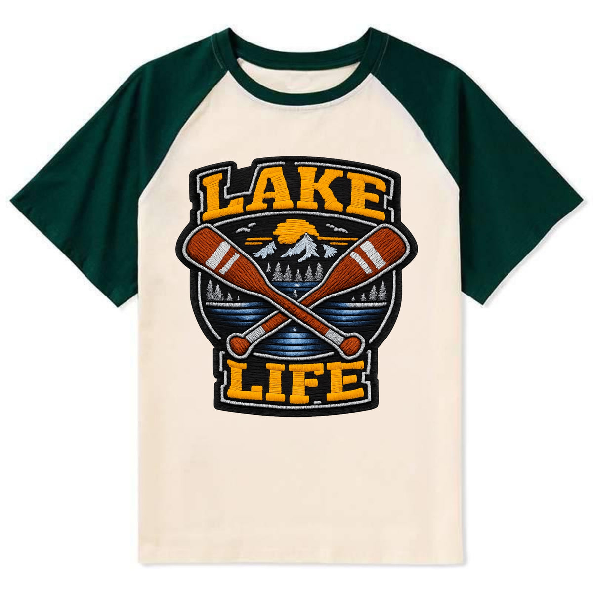 CANOE PADDLE - wooden paddle crossed in brown and cream , lake life - Contrast Raglan T-shirt - Green