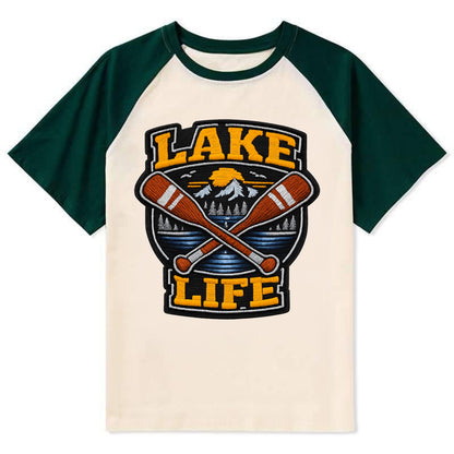 CANOE PADDLE - wooden paddle crossed in brown and cream , lake life - Contrast Raglan T-shirt - Green