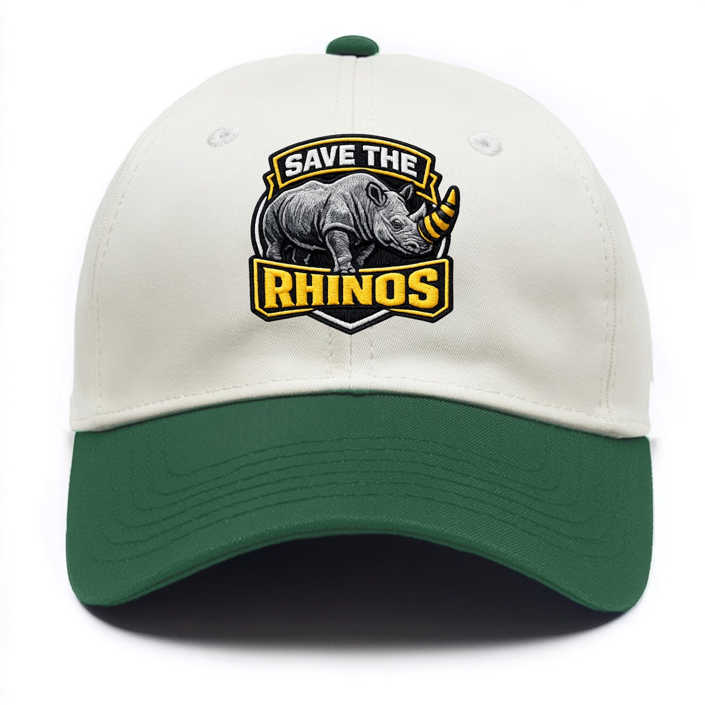 SAVE THE RHINOS - rhino silhouette in gray , horn protection - Two Tone Cap - Green