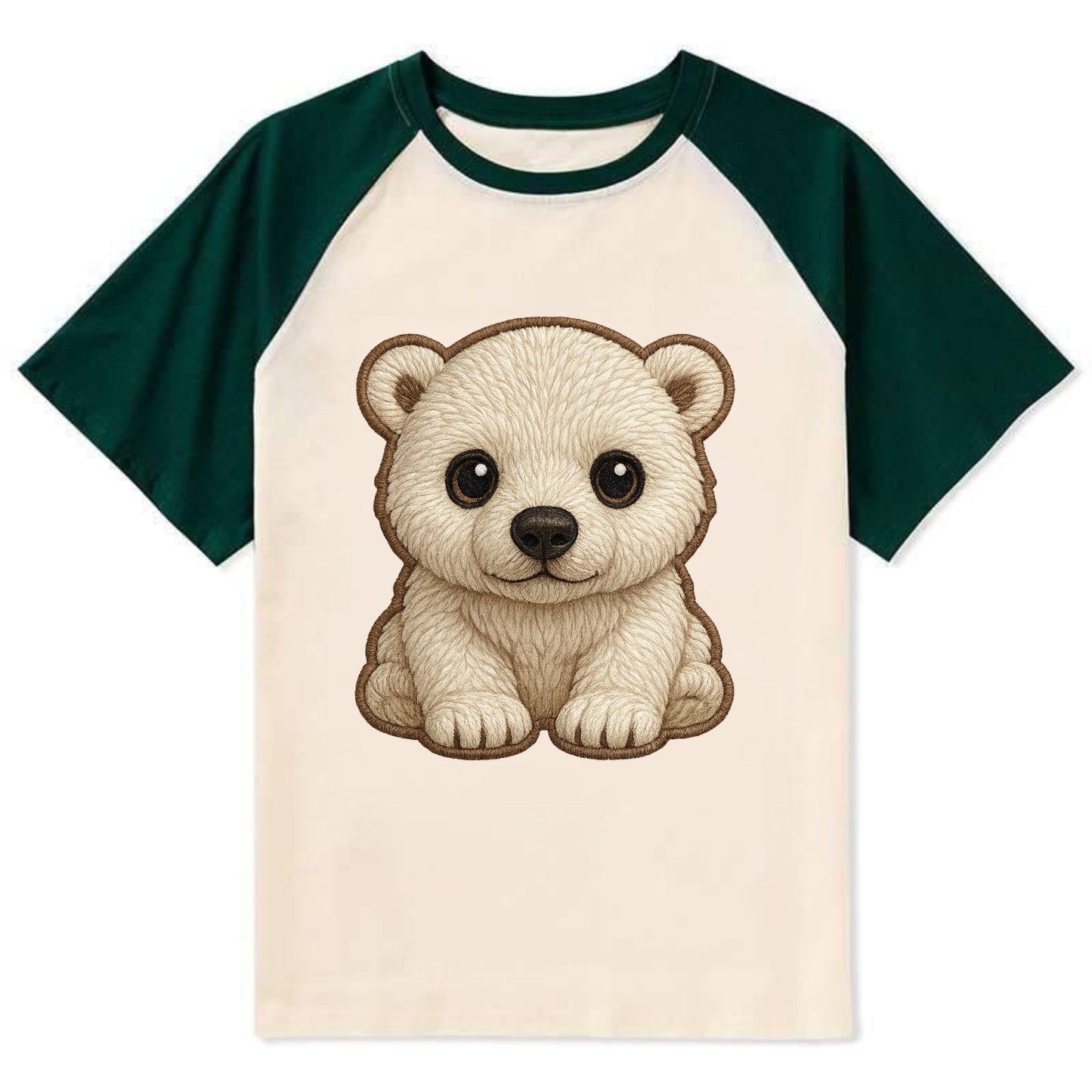 Baby Polar Bear Cub - white fluffy, black nose, dark curious eyes, - Contrast Raglan T-shirt - Green