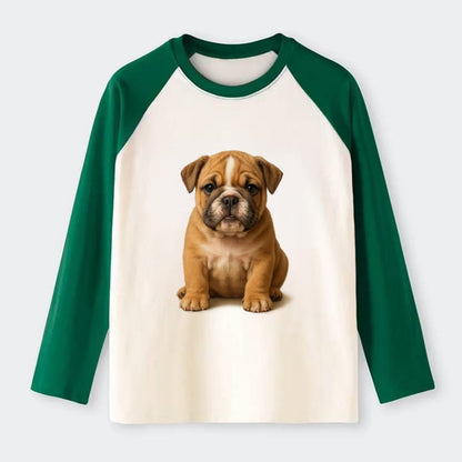 Baby Bulldog Puppy - wrinkly face, underbite, stocky body, gentle - Raglan Long Sleeve T-Shirt - Green