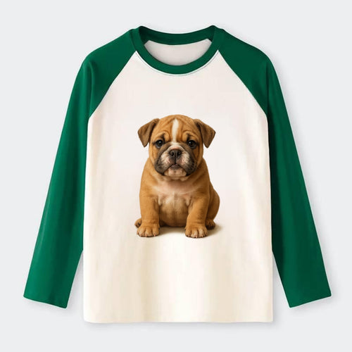 Baby Bulldog Puppy - wrinkly face, underbite, stocky body, gentle - Raglan Long Sleeve T-Shirt