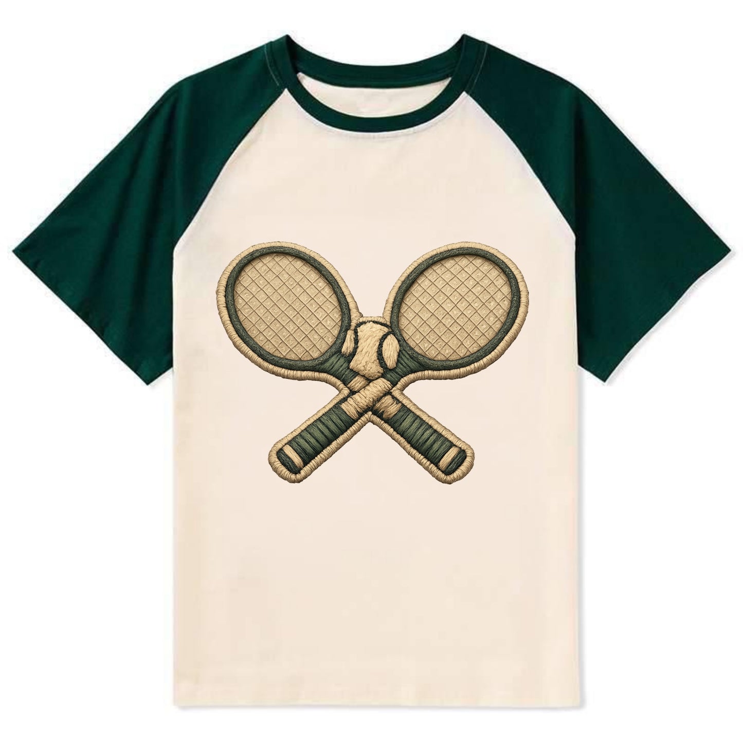 Embroidered patch design - TENNIS RACKET CROSSED - tennis rackets with - Contrast Raglan T-shirt - Green