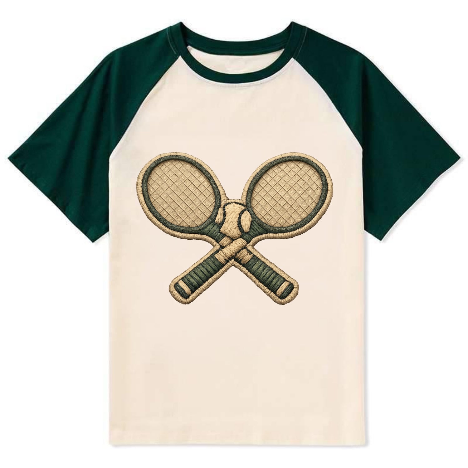 Embroidered patch design - TENNIS RACKET CROSSED - tennis rackets with - Contrast Raglan T-shirt - Green