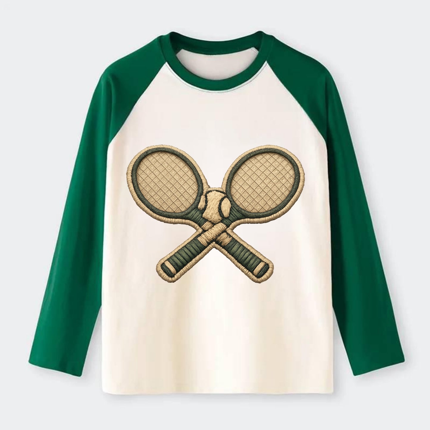 Embroidered patch design - TENNIS RACKET CROSSED - tennis rackets with - Raglan Long Sleeve T-Shirt - Green