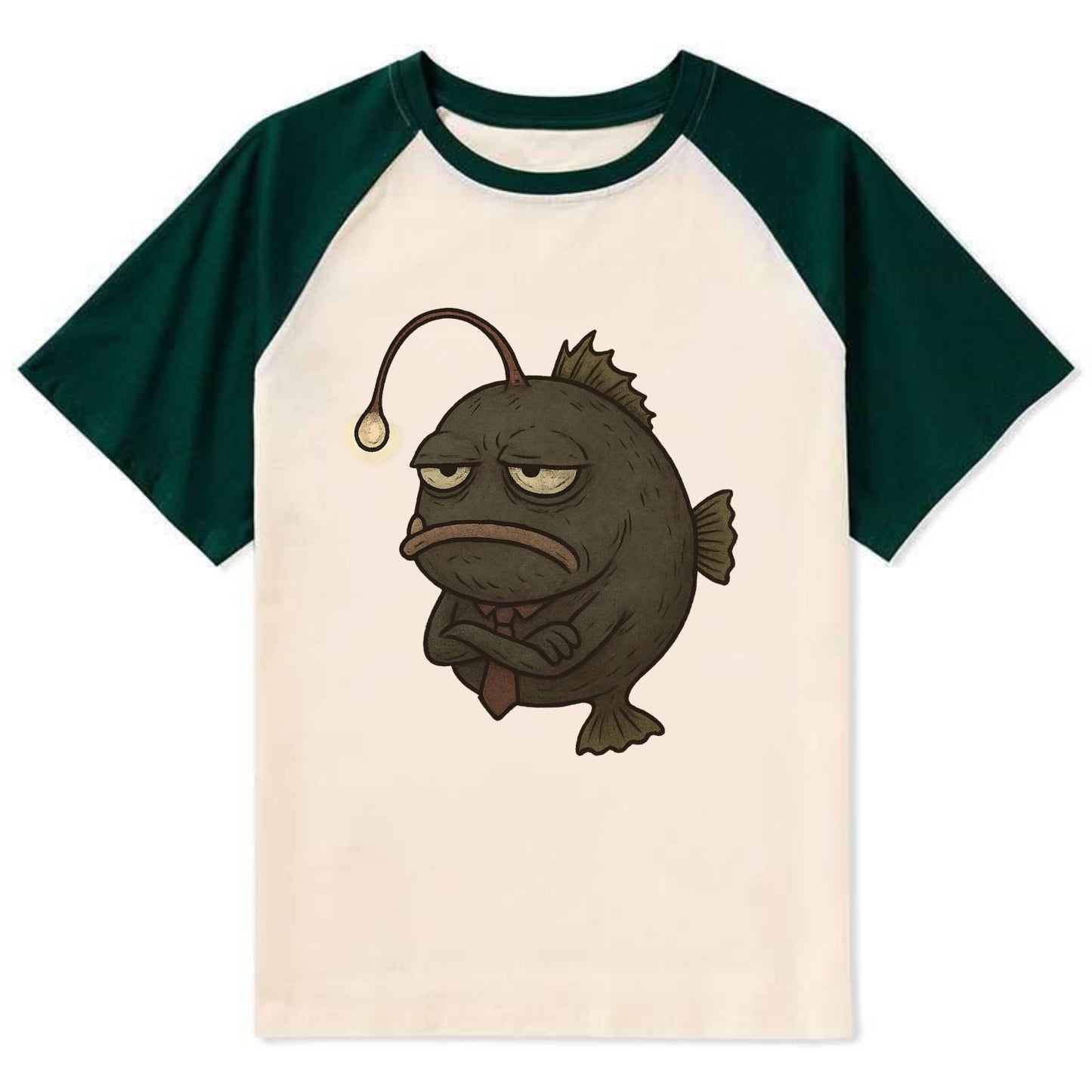THE ANGLERFISH LURES DISAPPOINTMENT | Dark gray anglerfish with dim light - Contrast Raglan T-shirt - Green
