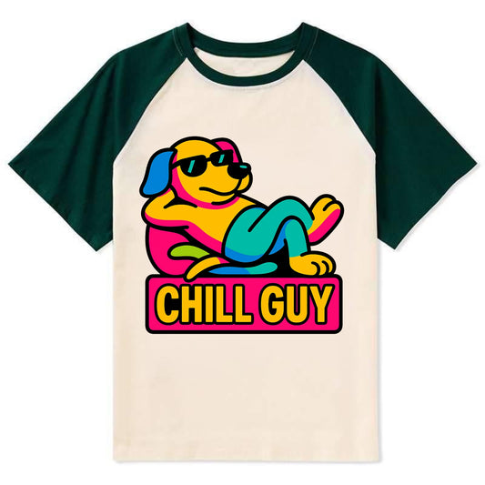 Super relaxed dog character lounging unbothered - "Chill Guy" meme - Contrast Raglan T-shirt - Green