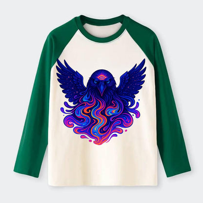 Mysterious raven with feathers showing future visions in neon colors, - Raglan Long Sleeve T-Shirt - Green
