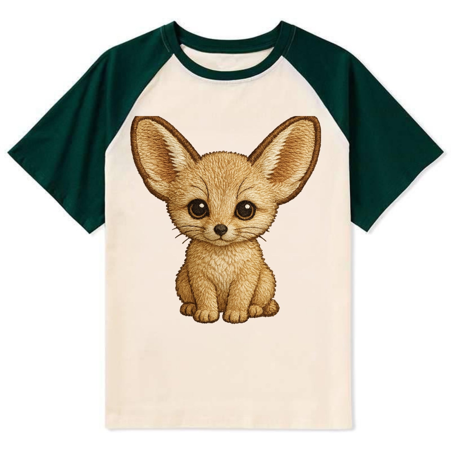 Baby Fennec Fox - huge ears, cream fur, large dark eyes, front-facing, - Contrast Raglan T-shirt - Green